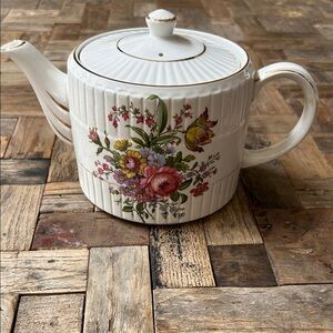 Ellgreave Wood and Sons England Ironstone Teapot with Lid Floral Gold Trim
